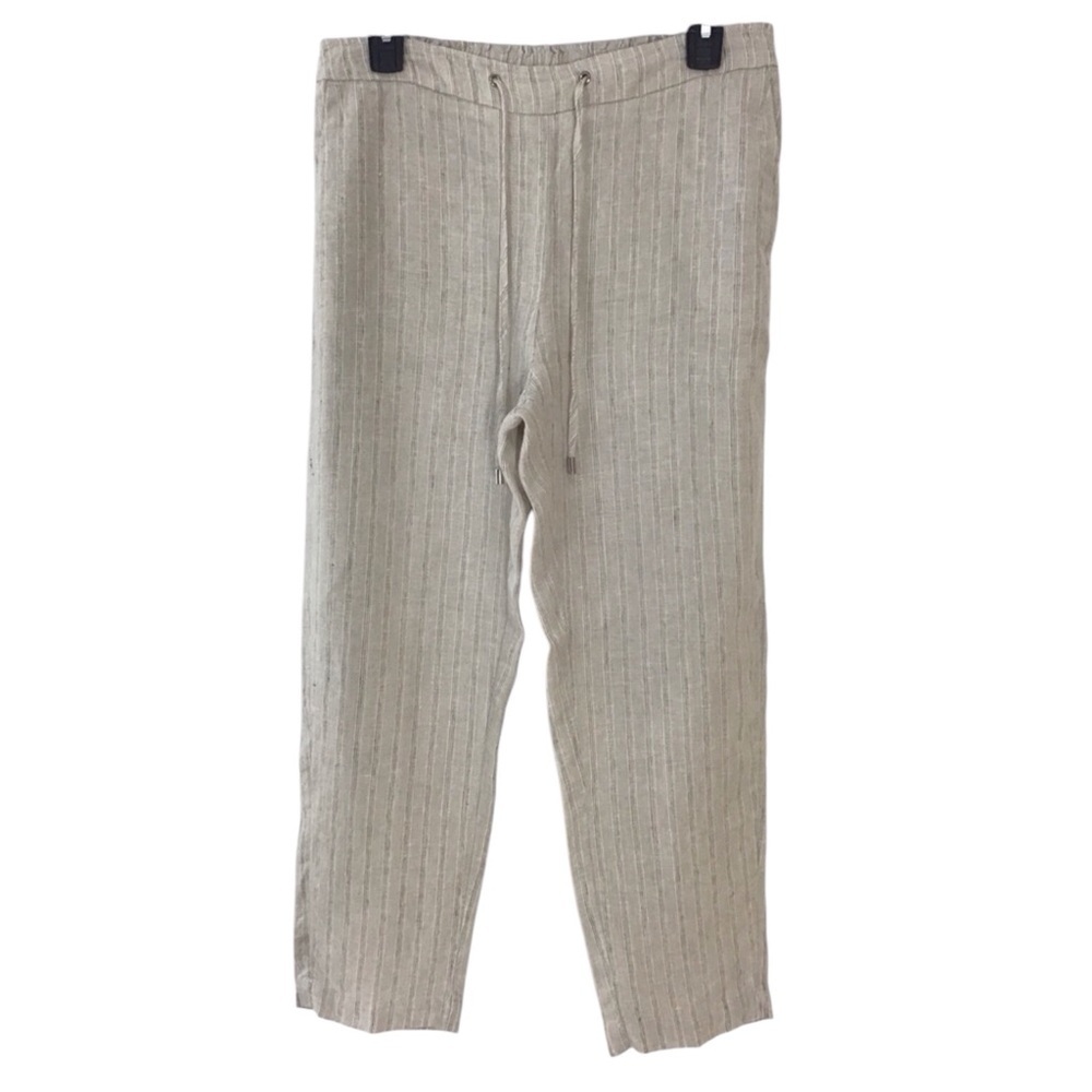 Chicos Cream Striped Linen Pull On Pants Elastic Drawstring Waist Size 6R